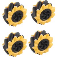 Roti Mecanum robotice 80 mm – set de 4 roți omnidirecționale, galbene (6.7 mm butuc)