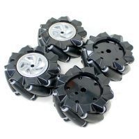 Roti Mecanum robotice 80 mm – set de 4 roți omnidirecționale, negre (6.7 mm butuc)