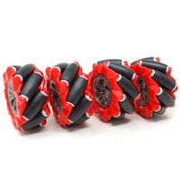 Roti Mecanum robotice 60 mm – set de 4 roți omnidirecționale, roșii (6.7 mm butuc)
