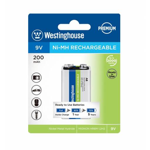 Foto - Baterie reîncărcabilă premium 9V Westinghouse - NiMH 200mAh (MIGNON, HR6M, 1.2H2)