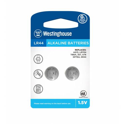 Foto - Baterie alcalină rotundă Westinghouse LR44 (LR44, AG13, LR1154, 1166A, 357, A76, GP76A, SR44) - 2 bucăți; 1,5V