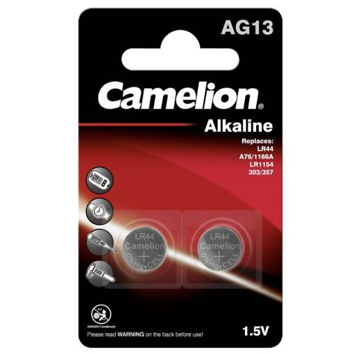 Foto - Baterie alcalină buton Camelion LR44 (LR44, AG13, LR1154, 1166A, 357, A76, GP76A, SR44) - 2 bucăți; 1,5V