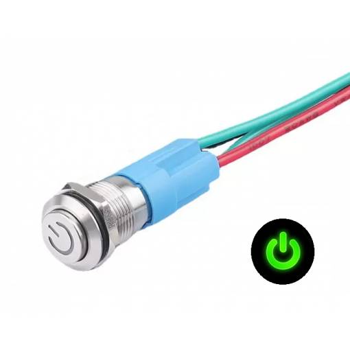 Foto - Comutator LED impermeabil cu buton proeminent 12 mm - Verde, 12 - 24V