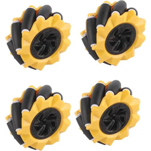 Foto - Roti Mecanum robotice 80 mm – set de 4 roți omnidirecționale, galbene (6.7 mm butuc)
