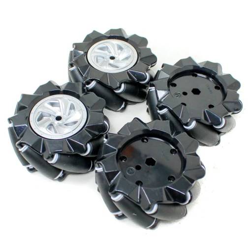 Foto - Roti Mecanum robotice 80 mm – set de 4 roți omnidirecționale, negre (6.7 mm butuc)